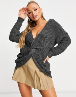 knot front sweater in charcoal-Grey
