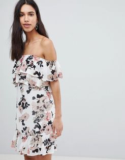 Off Shoulder Ruffle Mini Dress In Floral Print-White