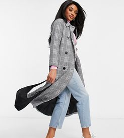 double breasted longline trench in check-Black
