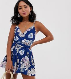 wrap front romper with tie waist in floral print-Navy