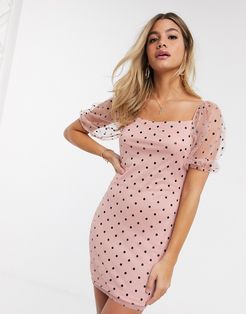 polka dot mini dress with organza sleeves-Neutral