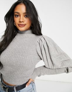 puff sleeve high neck ribbed sweater in gray-Grey
