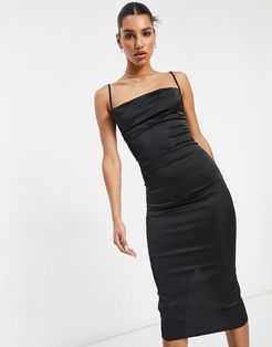 satin cami strap midi dress with cowl front in black