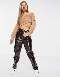 shirred crossover wrap crop top in taupe-Neutral