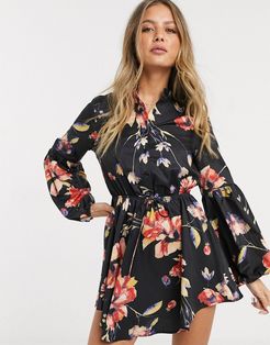 short dress with puff sleeves in WATERCOLOR floral print-Navy