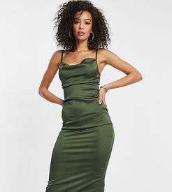 satin cami strap midi dress with cowl front in olive-Green