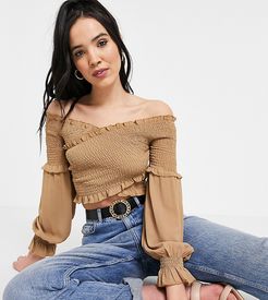 shirred crossover wrap crop top in taupe-Neutral