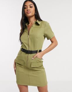 utility mini dress with seat belt buckle in khaki-Green