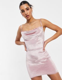 velvet cami strap mini dress with cowl neck in light pink