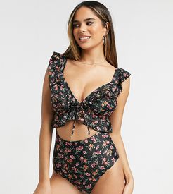 Fuller Bust Exclusive cut out swimsuit with ruffle in winter floral-Multi