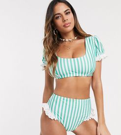 Fuller Bust Exclusive recycled polyester t-shirt bikini top with lace detail in green stripe D-F