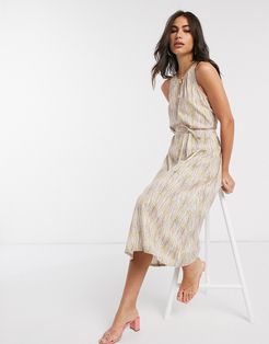 midi dress with tie waist in abstract print-Multi