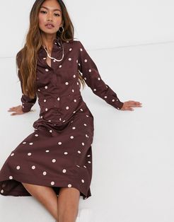 organic cotton maxi shirt dress in polkadot print-Brown