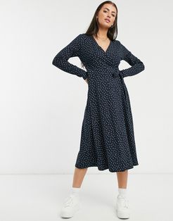 organic cotton midi wrap dress with polkadot print-Blue