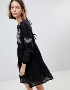 Smock Dress With Embroidery-Black