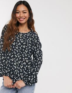 blouse with puff sleeve detail in black spot and ditsy floral-Multi