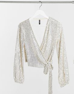 sequin wrap top in silver