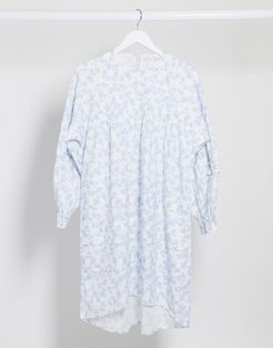 smock dress in white and blue floral-Multi