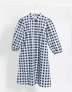 smock shirt dress with puff sleeves in blue gingham check-Multi