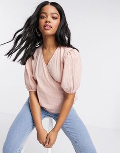 wrap top with puff sleeves in pink