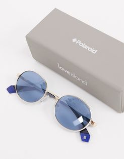 X Love Island round sunglasses in gold with blue lens