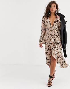 midi wrap dress in leopard print-Stone
