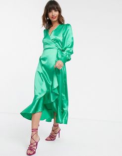 midi wrap dress in luxe satin-Green