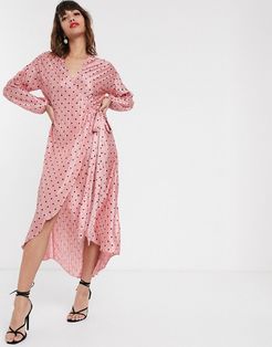 wrap midi dress in polka dot-Pink