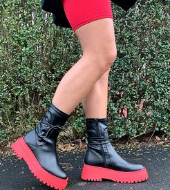 Finale chunky flat ankle boots with tie in black and red