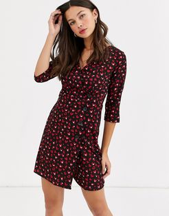 button front wrap mini dress in heart print-Multi