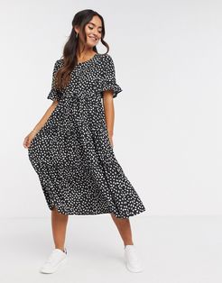 drawstring waist midi dress in black polka dot