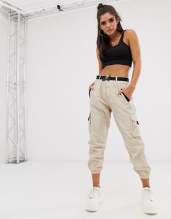 elasticated cuff cargo pants in stone-Neutral