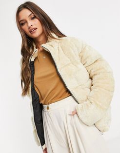 faux fur puffer jacket in stone-Neutral