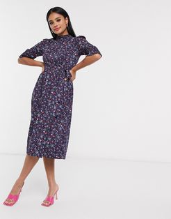 high neck tie waist midi dress in floral print-Navy