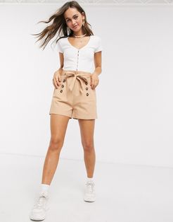 paperbag waist twill shorts in camel-White