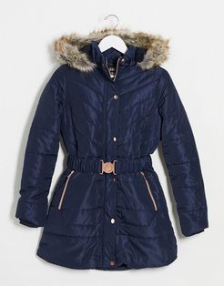 quilted puffer coat with belt in navy