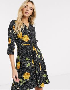 shirt dress in spot floral-Black
