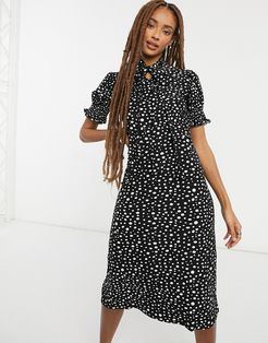 soft touch midi dress with tie neck in polka dot-Black