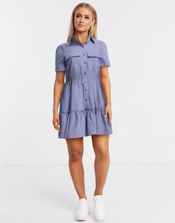 tiered hem utility shirt dress in cornflower blue-Blues