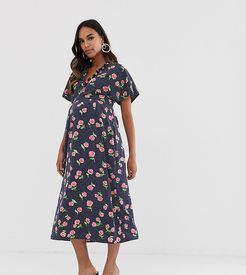 Maternity fluted sleeve midi dress in floral print-Multi
