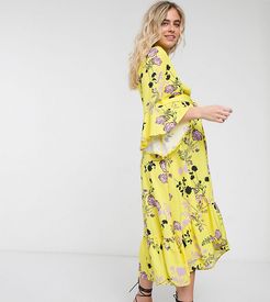 Maternity wrap front fluted sleeve midi dress in contrast floral-Multi
