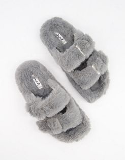 double strap slippers in gray faux fur-Grey