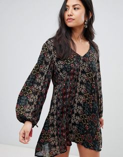 Yasmin Printed Long Sleeved Dress-Black