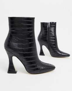 Kate flared heel ankle boots in black croc