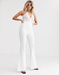 London lace plunge front top wide leg jumpsuit in white