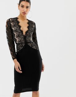 London limited edition long sleeve eyelash lace midi dress-Black