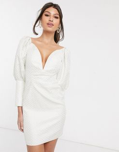 London plunge front jacquard mini dress with statement puff sleeve in cream-White