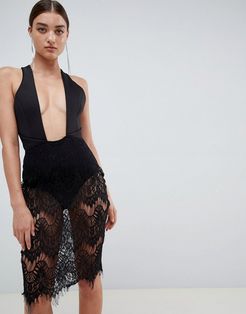 London wrap front backless lace mini dress-Black