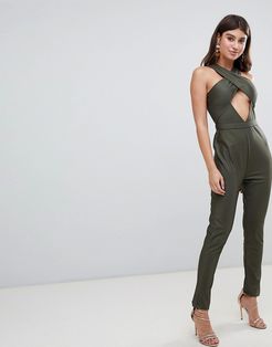 London wrap over with cut out jumpsuit-Green
