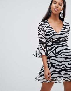 London zebra print flute sleeve day dress-Black